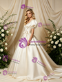 Ivory Satin Puff Sleeve Bow Beading Wedding Dress