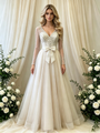Ivory Tulle V-Neck Long Sleeve Beading Wedding Dress