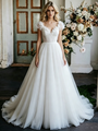 White Tulle V-Neck Flower Pleats Wedding Dress