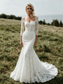 White Mermaid Square Neck Lace 3/4 Sleeve Wedding Dress