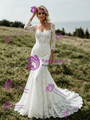 White Mermaid Square Neck Lace 3/4 Sleeve Wedding Dress