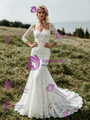 White Mermaid Square Neck Lace 3/4 Sleeve Wedding Dress