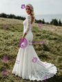 White Mermaid Square Neck Lace 3/4 Sleeve Wedding Dress