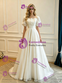White Strapless Pleats Puff Sleeve Wedding Dress