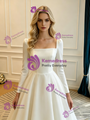 White Satin Square Neck Long Sleeve Wedding Dress