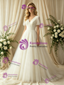 Simple Ivory Tulle V-Neck Puff Sleeve Wedding Dress