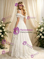 Beige White Tulle Lace Straps Puff Sleeve Wedding Dress