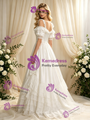 Beige White Tulle Lace Straps Puff Sleeve Wedding Dress