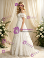 Beige White Tulle Lace Straps Puff Sleeve Wedding Dress