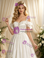 Beige White Tulle Lace Straps Puff Sleeve Wedding Dress