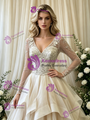 Ivory Tulle Long Sleeve V-Neck Beading Weding Dress