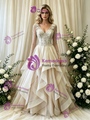 Ivory Tulle Long Sleeve V-Neck Beading Weding Dress