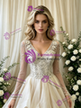 Ivory Tulle Long Sleeve V-Neck Beading Weding Dress
