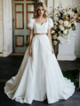 White Satin V-neck Two Piece Cap Sleeve Wedding Dress