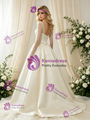 Ivory Satin Square Neck Long Sleeve Beading Wedding Dress