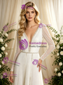 White Long Sleeve V-Neck Pleats Beading Wedding Dress