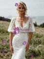 Sexy White Mermaid V-Neck Puff Sleeve Wedding Dress