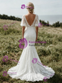 Sexy White Mermaid V-Neck Puff Sleeve Wedding Dress