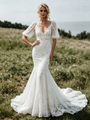 Sexy White Mermaid V-Neck Puff Sleeve Wedding Dress
