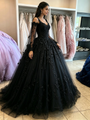 Black Tulle Straps Appliques Quinceanera Dress