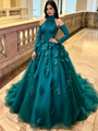 Blue Tulle Long Sleeve Flower Quinceanera Dress