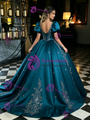 Blue Satin Puff Sleeve Appliques Quinceanera Dress
