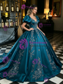 Blue Satin Puff Sleeve Appliques Quinceanera Dress