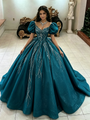 Blue Tulle Puff Sleeve Quinceanera Dress