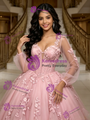 Pink Tulle V-neck Appliques Quinceanera Dress