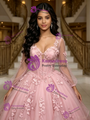 Pink Tulle V-neck Appliques Quinceanera Dress