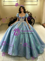 Blue Puff Sleeve Beading Quinceanera Dress
