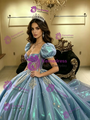 Blue Puff Sleeve Beading Quinceanera Dress