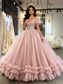 Pink Tulle Square Neck Puff Sleeve Appliques Quinceanera Dress