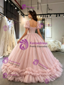 Pink Tulle Square Neck Puff Sleeve Appliques Quinceanera Dress