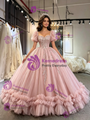 Pink Tulle Square Neck Puff Sleeve Appliques Quinceanera Dress
