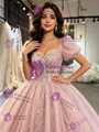 Pink Tulle Square Neck Puff Sleeve Appliques Quinceanera Dress