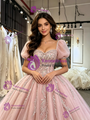 Pink Tulle Square Neck Puff Sleeve Appliques Quinceanera Dress
