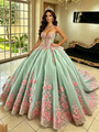 Green Tulle Straps 3D Appliques Quinceanera Dress