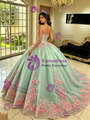 Green Tulle Straps 3D Appliques Quinceanera Dress