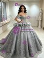 Gray Tulle Off the Shoulder Appliques Quinceanera Dress