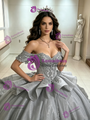 Gray Tulle Off the Shoulder Appliques Quinceanera Dress