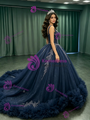 Navy Blue Tulle Straps Sequins Quinceanera Dress