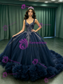 Navy Blue Tulle Straps Sequins Quinceanera Dress