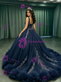 Navy Blue Tulle Straps Sequins Quinceanera Dress