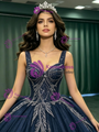 Navy Blue Tulle Straps Sequins Quinceanera Dress