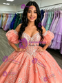 Oragne Tulle Puff Sleeve Appliques Quinceanera Dress
