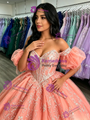 Oragne Tulle Puff Sleeve Appliques Quinceanera Dress