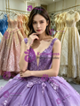 Purple Tulle V-neck Appliques Quinceanera Dress