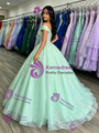 Green Tulle Off the Shoulder Appliques Quinceanera Dress
