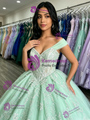 Green Tulle Off the Shoulder Appliques Quinceanera Dress